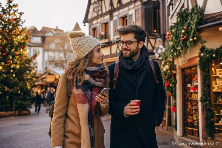 Couple en promenade dans village décoré de Noël