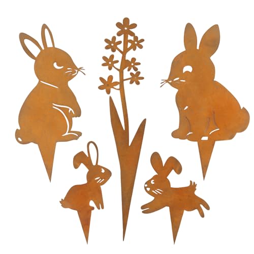 LEIMEND 5 in 1 Lapin de Déco Jardin Mmétal Rouillé Fer Lapin
