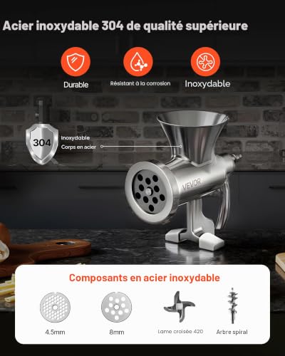 VEVOR Hachoir à Viande Manuel, Poussoir à Saucisses en Inox