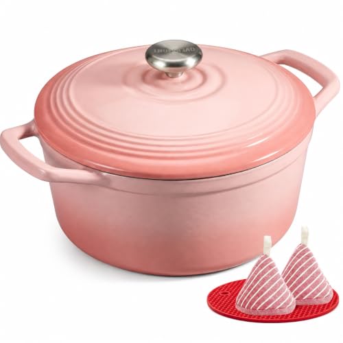 Overmont Cocotte Ronde en Fonte Émaillée 26 cm 5,2 L,Rose Dé
