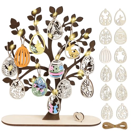 ARTREE Arbre de Pâques avec lumières, pendentifs en bois à p
