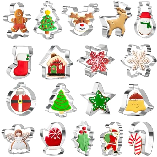 Lot de 18 Emporte-pièces de Noël pour la Pâtisserie – Arbre de Noël, Flocon de Neige, Bonhomme en Pain d'Épices, Père Noël et Plus Encore Emporte-pièces de Noël
